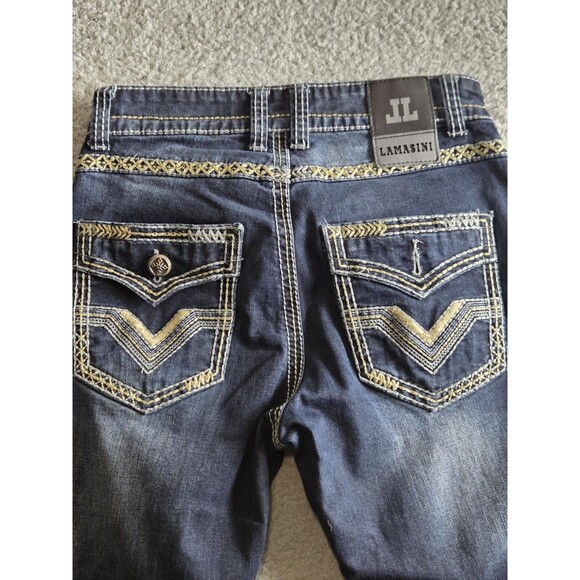 Lamasini Jeans Mens 30x30 Measure 28x32 Blue Denim Distressed Embellished Grunge - Picture 12 of 13